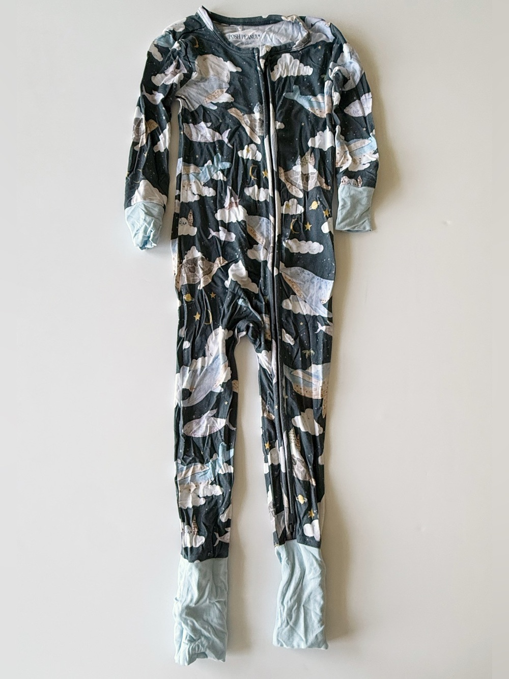 Posh Peanut Black Cloud & Star Zip Footie with Light Blue Cuffs